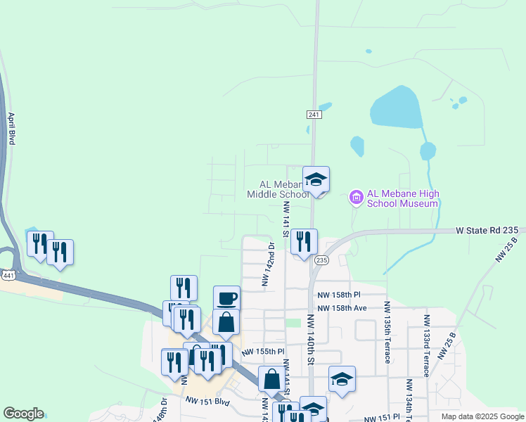 map of restaurants, bars, coffee shops, grocery stores, and more near 14282 Northwest 163rd Place in Alachua