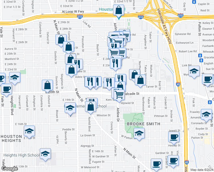 map of restaurants, bars, coffee shops, grocery stores, and more near 922 Robbie Street in Houston