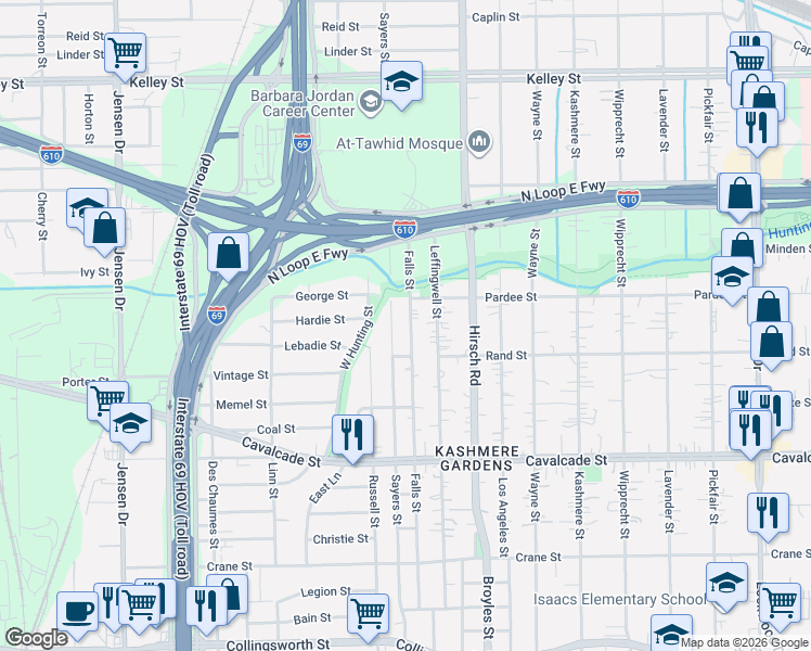 map of restaurants, bars, coffee shops, grocery stores, and more near 4823 Falls Street in Houston