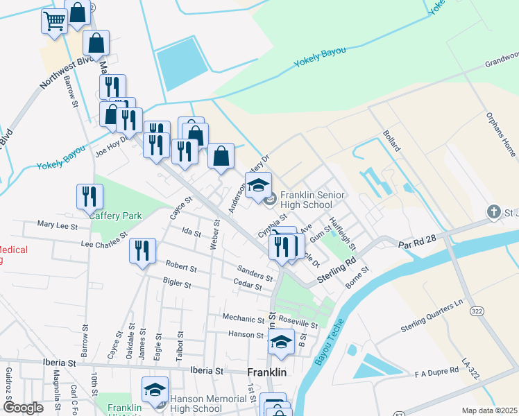 map of restaurants, bars, coffee shops, grocery stores, and more near 1401 Cynthia Street in Franklin