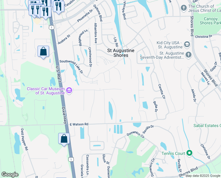 map of restaurants, bars, coffee shops, grocery stores, and more near 453 Stone Arbor Lane in Saint Augustine Shores