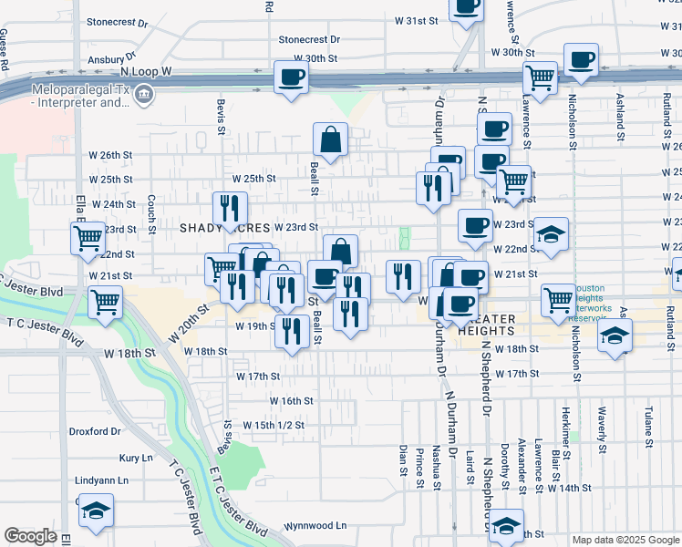 map of restaurants, bars, coffee shops, grocery stores, and more near 1021 West 21st Street in Houston
