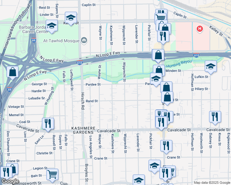 map of restaurants, bars, coffee shops, grocery stores, and more near 4822 Kashmere Street in Houston