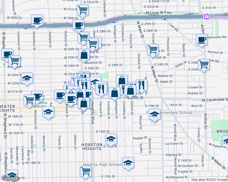 map of restaurants, bars, coffee shops, grocery stores, and more near 2023 Arlington Street in Houston