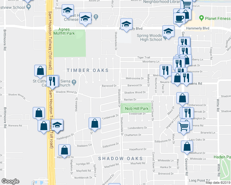 map of restaurants, bars, coffee shops, grocery stores, and more near 10406 Shadow Wood Drive in Houston