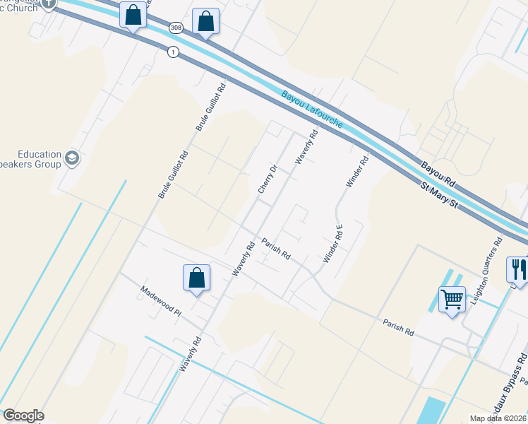 map of restaurants, bars, coffee shops, grocery stores, and more near 243-287 Waverly Road in Thibodaux