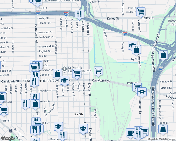 map of restaurants, bars, coffee shops, grocery stores, and more near 1602 Gaines Street in Houston