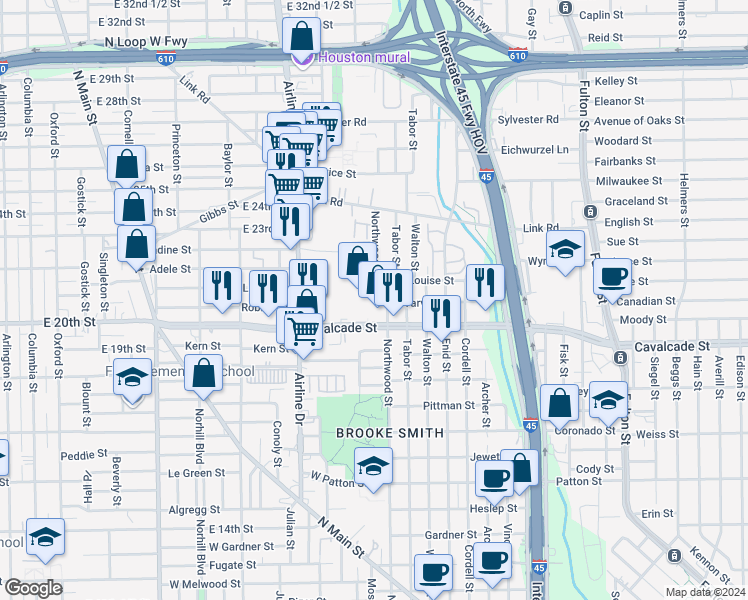 map of restaurants, bars, coffee shops, grocery stores, and more near 610b West Cavalcade Street in Houston