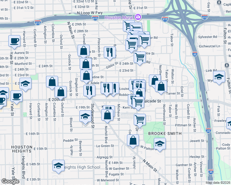 map of restaurants, bars, coffee shops, grocery stores, and more near 1011 Louise Street in Houston
