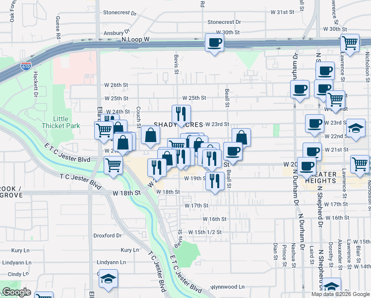 map of restaurants, bars, coffee shops, grocery stores, and more near 2103 Bevis Street in Houston