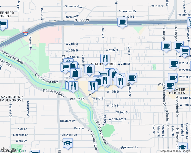 map of restaurants, bars, coffee shops, grocery stores, and more near 1401 West 21st Street in Houston