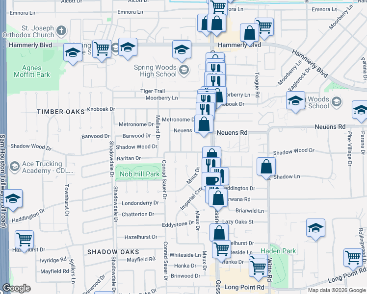 map of restaurants, bars, coffee shops, grocery stores, and more near 1806 Maux Drive in Houston