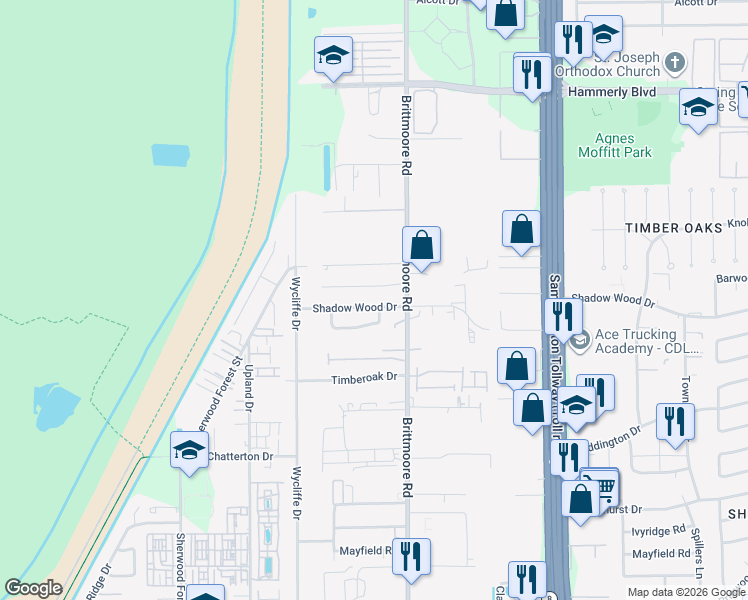 map of restaurants, bars, coffee shops, grocery stores, and more near 10920 Shadow Wood Drive in Houston