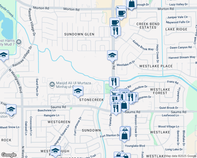 map of restaurants, bars, coffee shops, grocery stores, and more near 1926 Franz Road in Katy