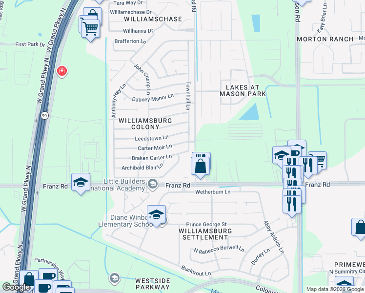 map of restaurants, bars, coffee shops, grocery stores, and more near 22519 Carter Moir Lane in Katy
