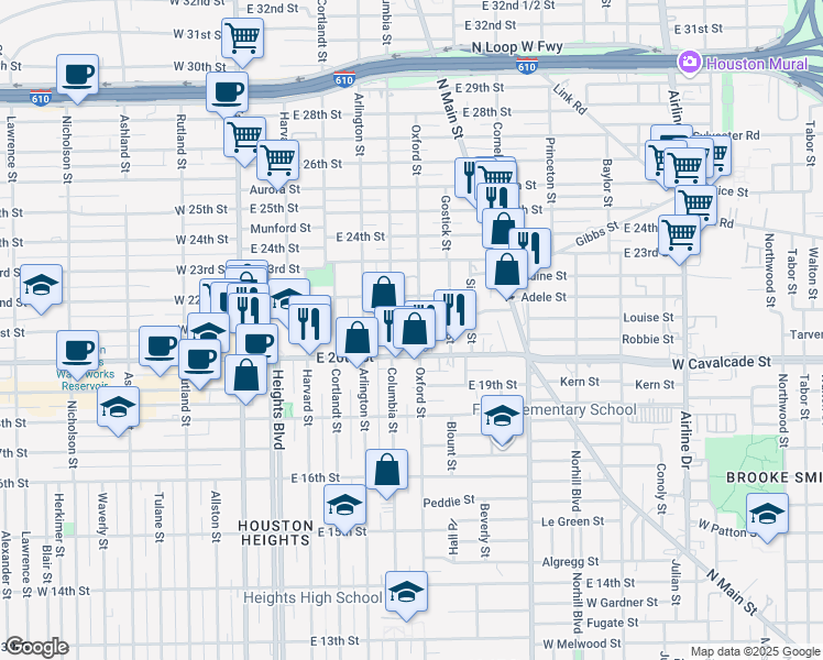 map of restaurants, bars, coffee shops, grocery stores, and more near 2025 Oxford St in Houston
