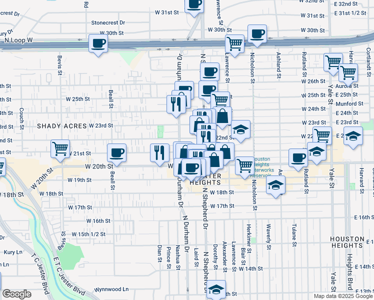 map of restaurants, bars, coffee shops, grocery stores, and more near 733 West 21st Street in Houston
