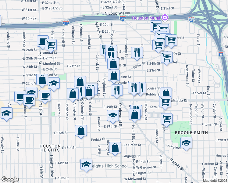 map of restaurants, bars, coffee shops, grocery stores, and more near 715 Wilder Street in Houston