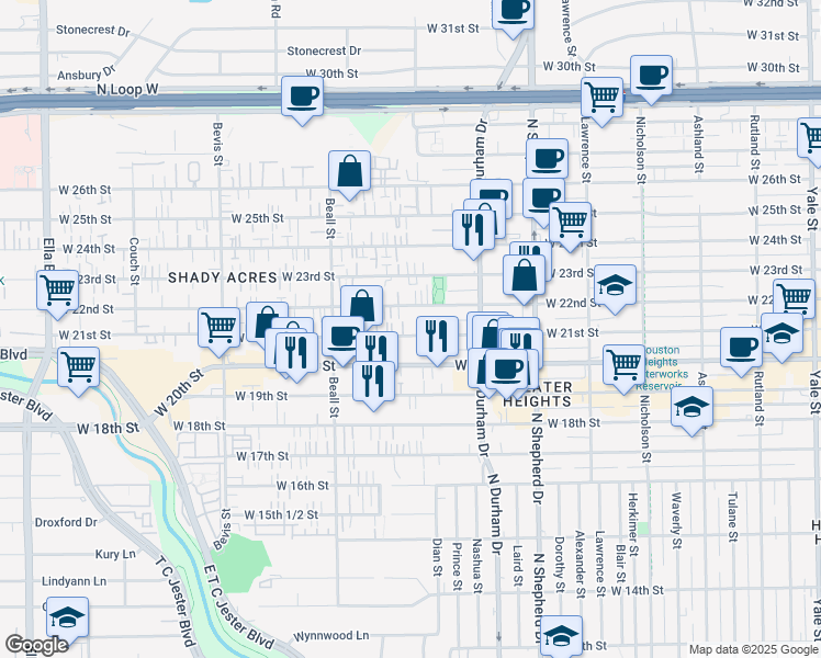 map of restaurants, bars, coffee shops, grocery stores, and more near 915 West 21st Street in Houston