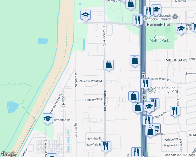 map of restaurants, bars, coffee shops, grocery stores, and more near 10920 Shadow Wood Drive in Houston