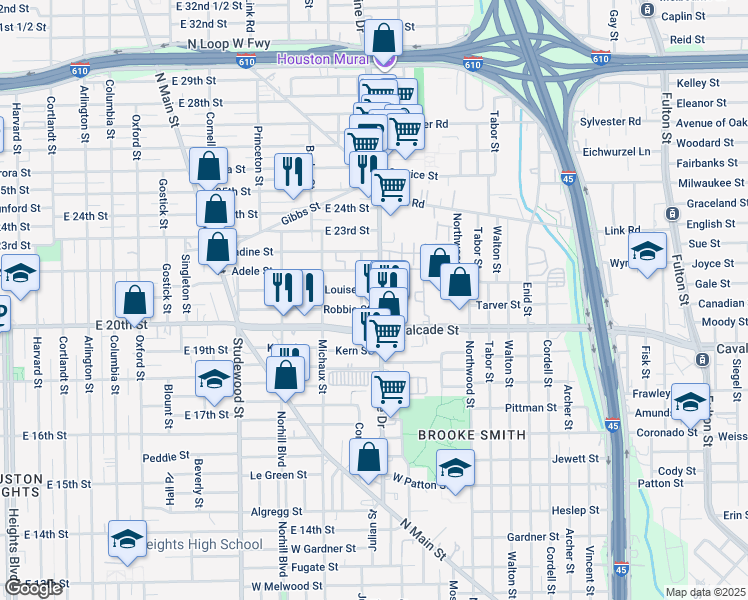 map of restaurants, bars, coffee shops, grocery stores, and more near 1915 Airline Drive in Houston