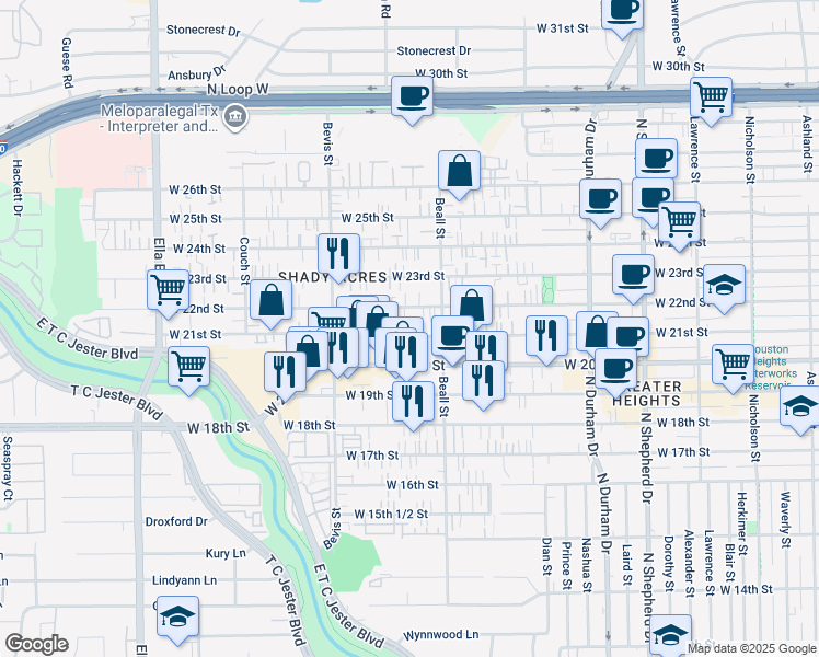 map of restaurants, bars, coffee shops, grocery stores, and more near 1139 West 21st Street in Houston