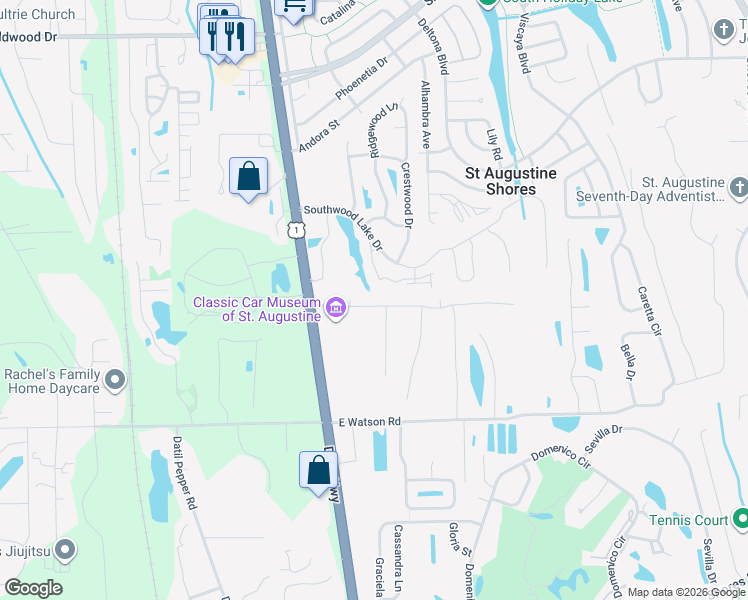 map of restaurants, bars, coffee shops, grocery stores, and more near 109 Laurel Wood Way in St. Augustine