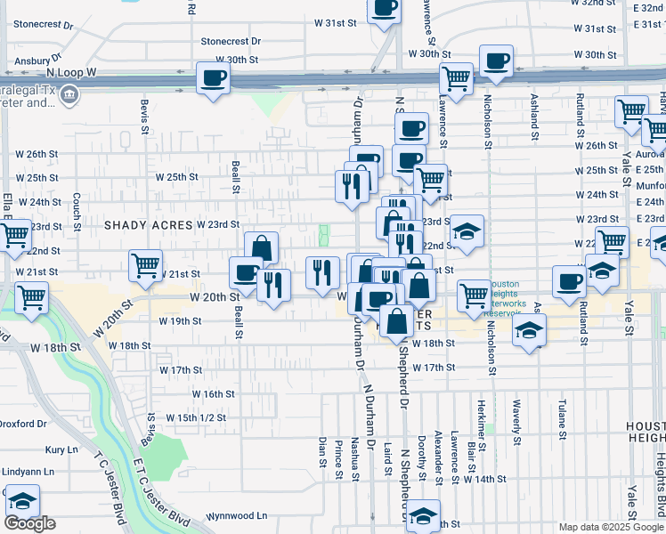 map of restaurants, bars, coffee shops, grocery stores, and more near 827 West 21st Street in Houston