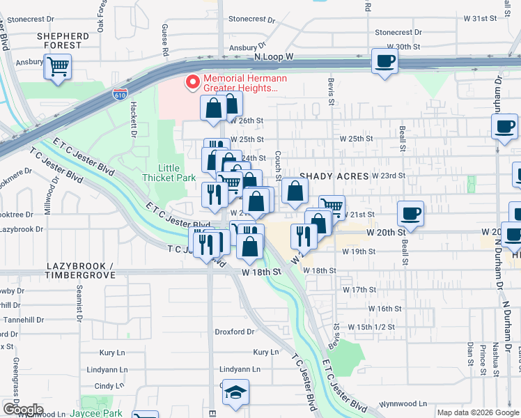 map of restaurants, bars, coffee shops, grocery stores, and more near 1521 West 21st Street in Houston