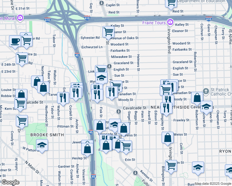 map of restaurants, bars, coffee shops, grocery stores, and more near 4930 Fulton Street in Houston