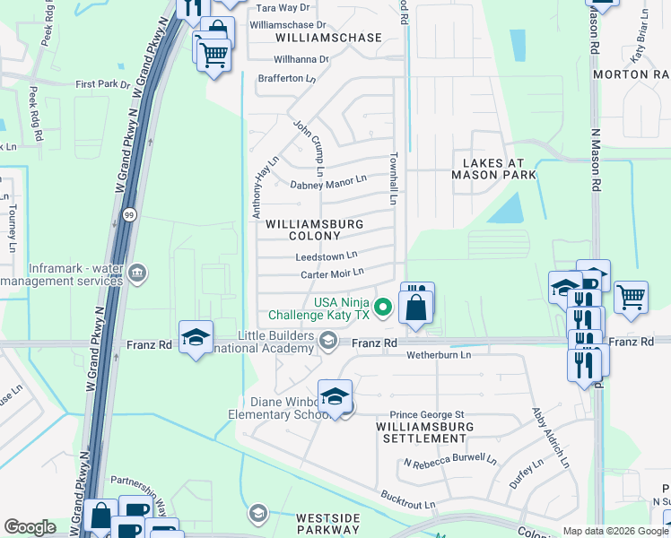 map of restaurants, bars, coffee shops, grocery stores, and more near 22618 Carter Moir Lane in Katy