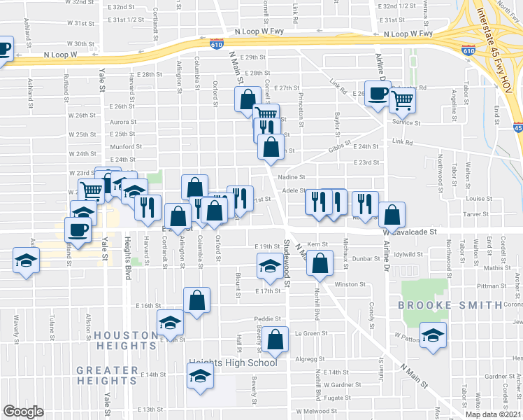 map of restaurants, bars, coffee shops, grocery stores, and more near 715 Wilder Street in Houston