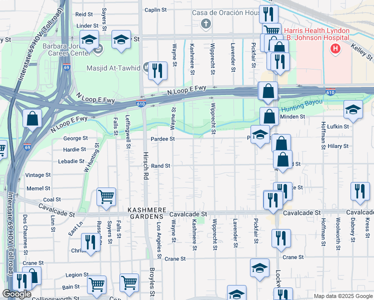 map of restaurants, bars, coffee shops, grocery stores, and more near 4905 Kashmere Street in Houston