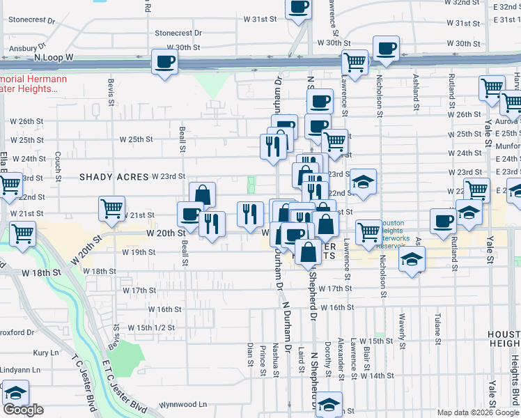 map of restaurants, bars, coffee shops, grocery stores, and more near 827 West 21st Street in Houston