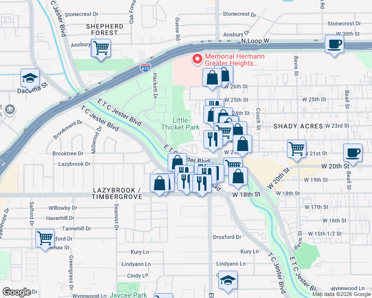 map of restaurants, bars, coffee shops, grocery stores, and more near 2114 Stacy Glen in Houston
