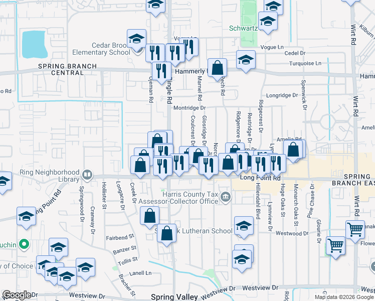 map of restaurants, bars, coffee shops, grocery stores, and more near 8542 Western Drive in Houston