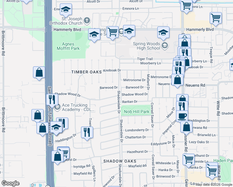 map of restaurants, bars, coffee shops, grocery stores, and more near 10406 Shadow Wood Drive in Houston