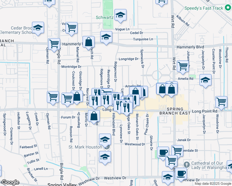 map of restaurants, bars, coffee shops, grocery stores, and more near 1840 Ridgecrest Drive in Houston