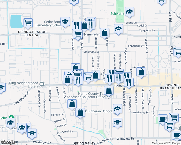 map of restaurants, bars, coffee shops, grocery stores, and more near 8542 Western Drive in Houston