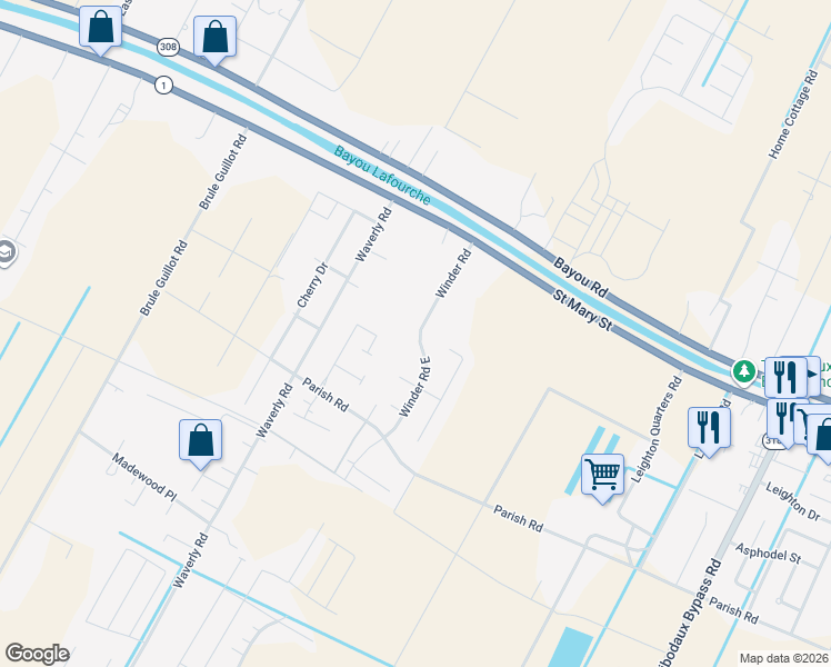 map of restaurants, bars, coffee shops, grocery stores, and more near 300-314 Winder Road in Thibodaux