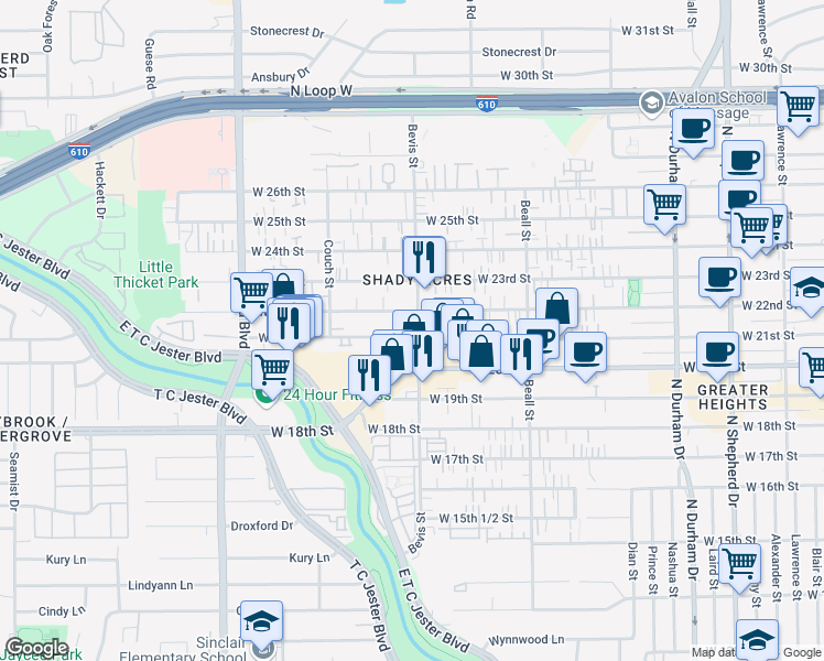 map of restaurants, bars, coffee shops, grocery stores, and more near 2103 Bevis Street in Houston