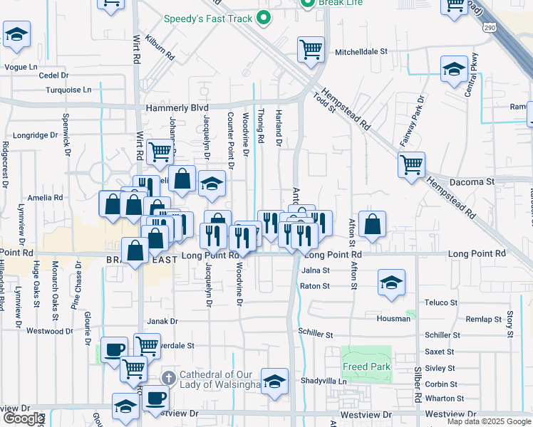 map of restaurants, bars, coffee shops, grocery stores, and more near 1918 Woodvine Drive in Houston