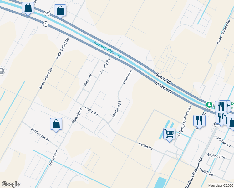 map of restaurants, bars, coffee shops, grocery stores, and more near 300-314 Winder Road in Thibodaux