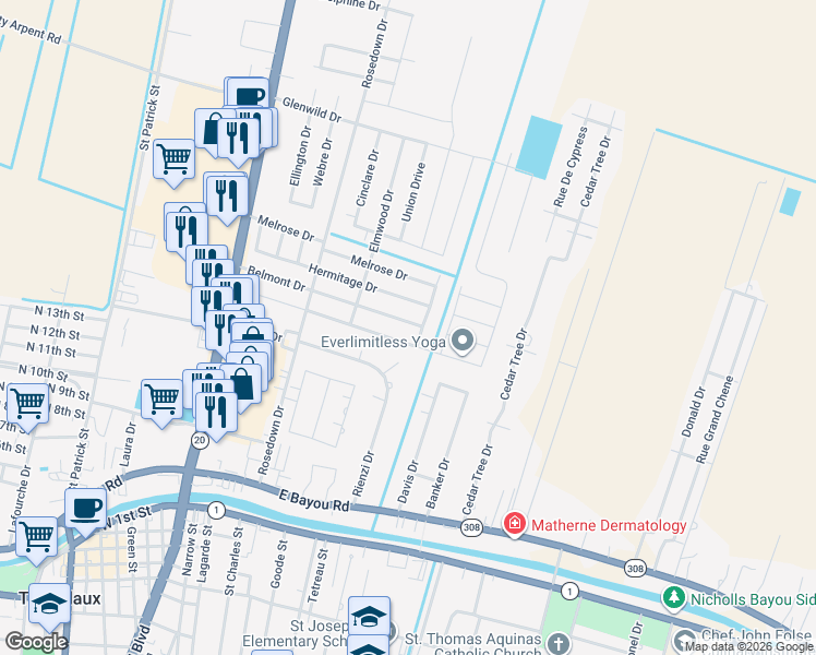 map of restaurants, bars, coffee shops, grocery stores, and more near 401-403 Saint John Drive in Thibodaux