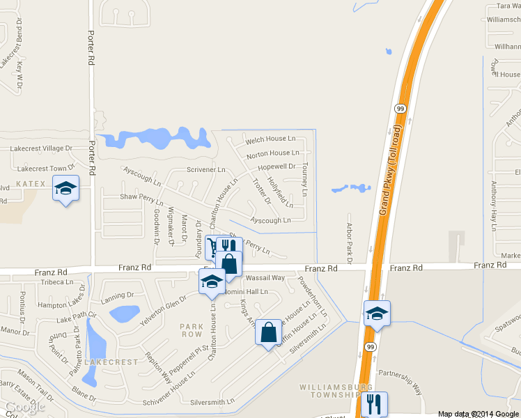 map of restaurants, bars, coffee shops, grocery stores, and more near 2314 Princess Deanna Lane in Katy
