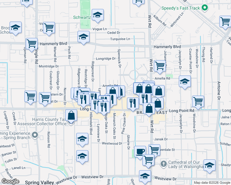 map of restaurants, bars, coffee shops, grocery stores, and more near 1828 Woodbend Village Court in Houston