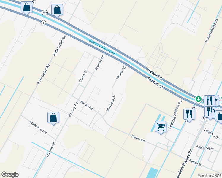 map of restaurants, bars, coffee shops, grocery stores, and more near 300-314 Winder Road in Thibodaux