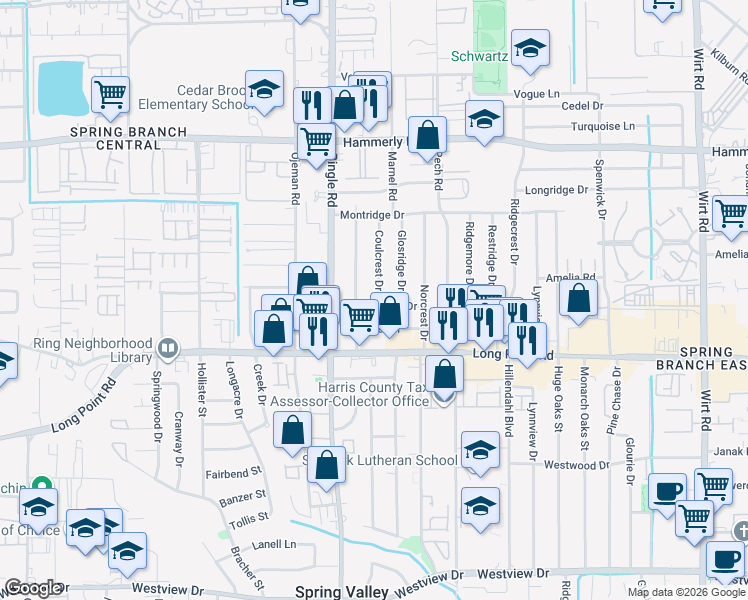 map of restaurants, bars, coffee shops, grocery stores, and more near 8542 Western Drive in Houston