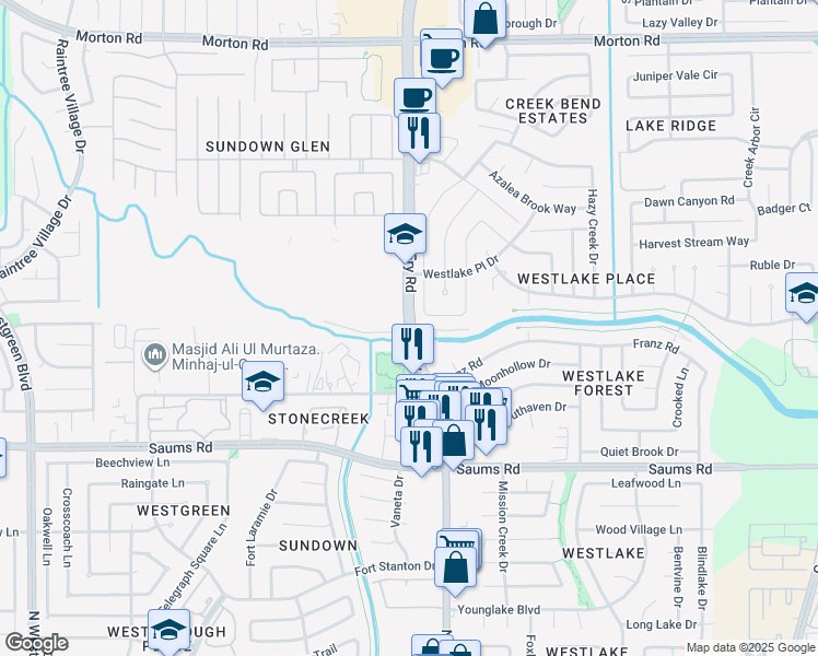 map of restaurants, bars, coffee shops, grocery stores, and more near 2603 North Fry Road in Katy