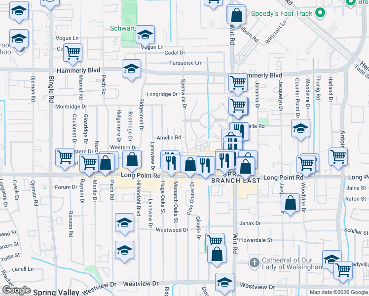 map of restaurants, bars, coffee shops, grocery stores, and more near 1810 Woodbend Village Court in Houston
